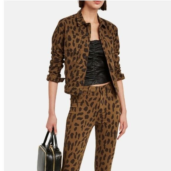L'Agence Celine Slim Fit Leopard Print Cropped Denim Jacket Camel S NWT - Picture 1 of 16